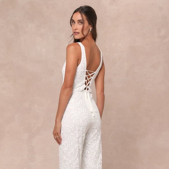 NWT XS Glittering Influence White Mesh Beaded Lace-Up Jumpsuit - Picture 2 of 8